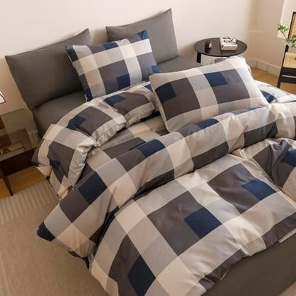 Wellboo Blue Plaid Comforter Twin Size Navy Blue and Grey Checkered Bedding