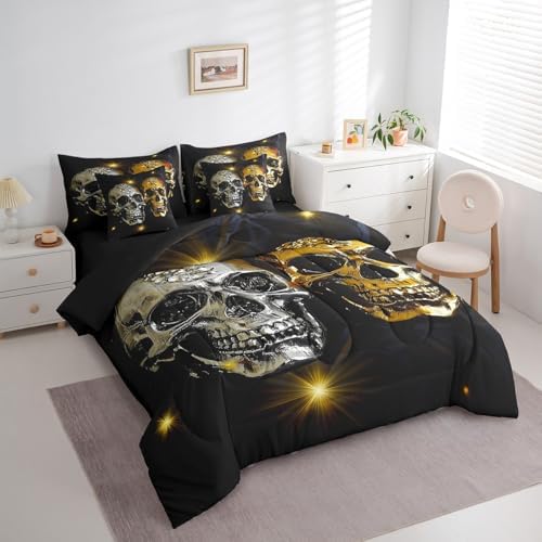 Erosebridal 7Pcs Gold Silver Skull Comforter Set Queen Size,Couple Skull Diamonds Bedding Set,Halloween Bones Skeleton Bed in A Bag,Romantic Gothic Sheet Set with Comforter