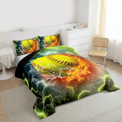 Erosebridal Softball Bedding Set Softball Gifts for Girls, Neon Honeycomb Comforter Set Queen Size, Geometric Hexagon Gradient Quilt Sports Games Ice and Fire Duvet Insert for Boys Teens, Yellow