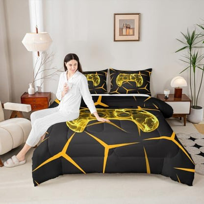 Castle Fairy Gamepad Comforter Set for Kids,Geometric Gaming Honeycomb Bedding Set Teens Boys Room Decor,Video Game Controller Yellow Comforter with 1 Pillowcase for All Seasons,Twin