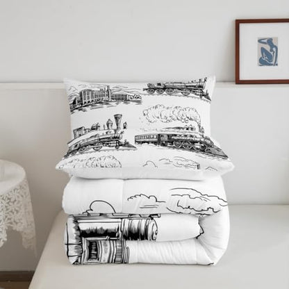 Manfei King Size Train Comforter Set, Retro Steam Locomotive Down Comforter with 2 Pillowcases, Vintage Train Bedding Set 3pcs for Kids Boys Adults Bedroom Decor, Lightweight Duvet Insert
