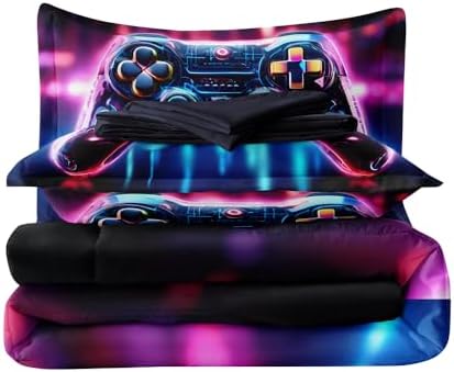 5PCS Gaming Comforter Sets Twin,Gaming Bedding Set for Boys Teens Kids,Game Controller Bed in a Bag with Flat Sheet Fitted Sheet Pillowcase,Twin Comforter Set for Boys