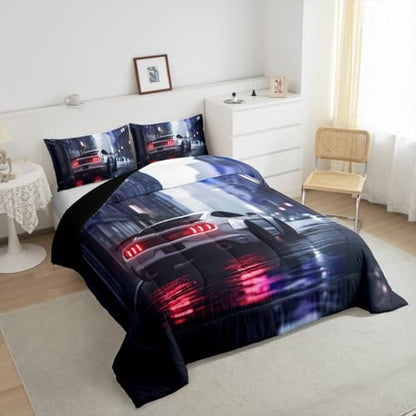 Erosebridal Kids Boys Sports Car Comforter Set Toddler White Race Car Bedding Extreme Sport Duvet Insert with 1 Pillowcase Boys Room Decor Cool Cars Toddler Comforter for Teen,Soft Microfiber