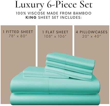 Bamboo Bay 6 Piece King Size Sheet Set, 100% Viscose Made from Bamboo, Breathable, Ultra Soft Cooling Bed Sheets for Hot Sleepers, Beddings with Deep Pockets Fit 16" Mattress, Ocean Wave