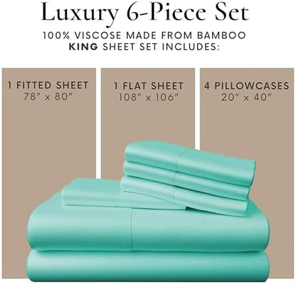 Bamboo Bay 6 Piece King Size Sheet Set, 100% Viscose Made from Bamboo, Breathable, Ultra Soft Cooling Bed Sheets for Hot Sleepers, Beddings with Deep Pockets Fit 16" Mattress, Ocean Wave