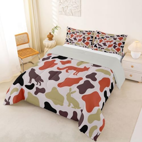 Manfei Camo Animals Comforter Set Twin Size,Bear Wolf Rabbit Wildlife Design Bedding Set 2pcs,Army Camouflage Down Comforter for All Season,Kids Boys Girls Room Decor,1 Pillowcase,No Sheets