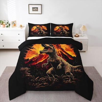 Feelyou Kids Dino Kids Comforter Set Full Size Dinosaur Bedding Set Volcano Duvet Quilt for Kids Boys Girls Bedroom Ancient Jungle Dinosaur Decor Yellow Black Microfiber Ultra Soft Breathable