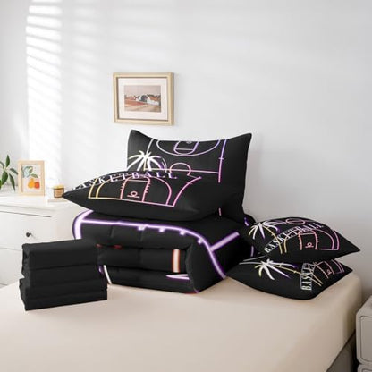 Erosebridal Basketball Bedding Queen Size 7Pcs Sport Comforter Set for Boys Room, Rainbow Neon Light Bedding Comforter Sets Gradient Basketball Court Bed in a Bag, Ball Gaming Bedding Accessories