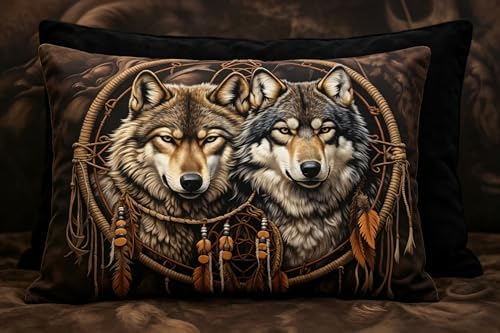 CCoutueChen Wolf Bedding Set King Size - Western Animal Print Comforter with Boho Dreamcatcher Pattern - 3Pieces Wildlife Themed Bedding Set for All Season,Black Brown/104 * 90