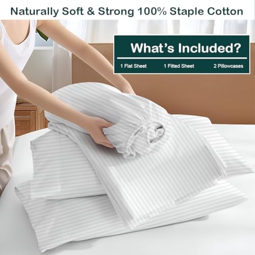 Split Head Flex King Sheet Set - 400 Thread Count Egyptian Cotton Bed Sheets - 34" Split Top - Soft Luxurious - 18" Deep Pockets - Easy Fit - 4 Piece Set - FlexTop King Bedding Sheets - White Stripe