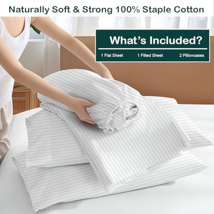 Cotton Bed Sheets 4 Piece Set 400 Thread Count 100% Extra Long Staple Luxurious & Hypoallergenic Bedding Hotel & Home Collection Deep Pocket 10-18 inches (King,White Stripe)