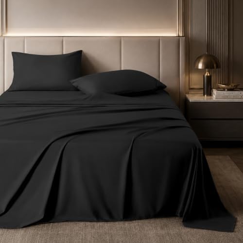 ROSE&RISY Black Full Sheet Set, 4 Pieces Soft Bedding Queen Sheet Set, Breathable and Cooling,Includes 1 Fitted Sheet, 1 Flat Sheet, 2 Pillow Cases - Deep Pocket (Black, Full)