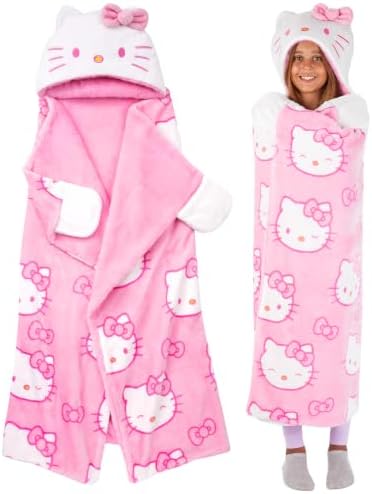 Franco Sanrio Hello Kitty Pink Bow Plush Hooded Blanket, Kids Bedding Super Soft Throw Blanket, 50 in x 40 in, (Officially Licensed Product)