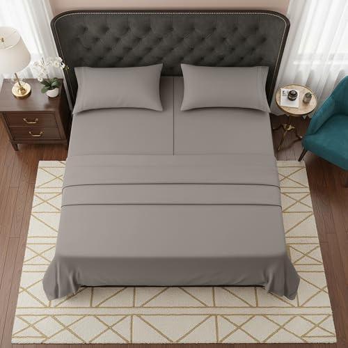 Elegant Comfort Luxurious 1500 Premium Hotel Quality Microfiber Three Line Embroidered Softest 5-Piece Bed Sheet Set, Wrinkle and Fade Resistant, Split King, Gray
