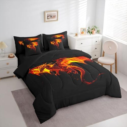 Feelyou Fire Breathing Dragon Comforter Set King 7 Pieces Flaming Dragon Bedding Set for Boys Girls Mythical Creature Print Bed in a Bag Dragon Silhouette Art Room Decor Quilted Soft Lightweight
