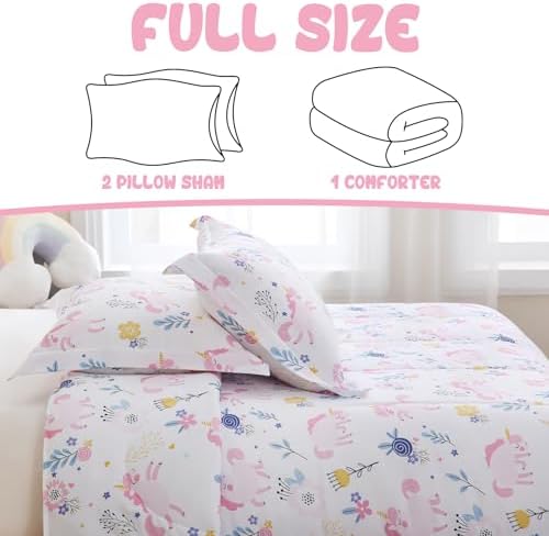 Yibeizi Unicorn Bed Comforter Set Full Pink Girls Floral Bedding