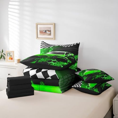 Feelyou Racing Car Bed Set for Kids Boys Girls Twin Size Speed Sports Car 7 Pieces Beeding Set Teen Adult Soft Extreme Sports Bed in a Bag with Comforter, Sheets, Pillowcases Honeycomb Pattern