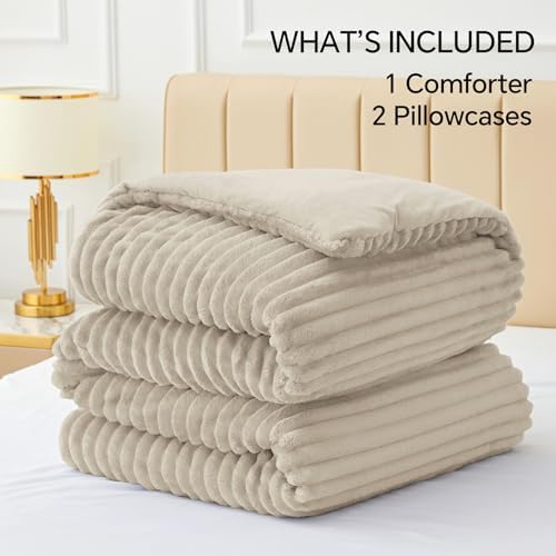 BEDELITE Fleece Queen Comforter Set, Fluffy Bed Set, Linen
