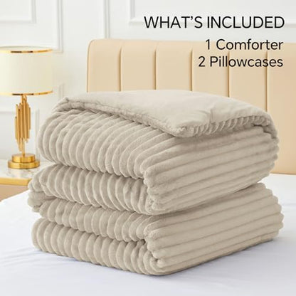 BEDELITE Fleece Queen Comforter Set, Fluffy Bed Set, Linen