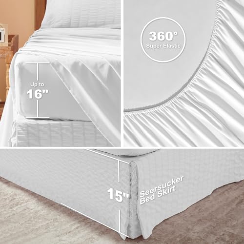 Laojin Balhen Full Size Comforter Sets 7 Pieces, White Seersucker Bed in a Bag Set Full Size, All Season Luxury Bedding Sets with Comforter, Sheets, Pillowcase & Sham
