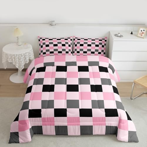 Checkered Geometric Comforter Set All Season Pink Grey Black Plaid Bedding Set with 2 Pillow Cases Checkerboard Modern Aesthetic Kids Queen Bedclothes Reversible Pink Bedroom Decor Duvet Quilt