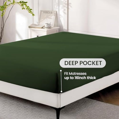 ROSE&RISY Dark Olive Green Queen Sheet Set, 4 Pieces Soft Bedding King Sheet Set, Breathable and Cooling,Includes 1 Fitted Sheet, 1 Flat Sheet, 2 Pillowcases - Deep Pocket (Dark Olive Green, Queen)