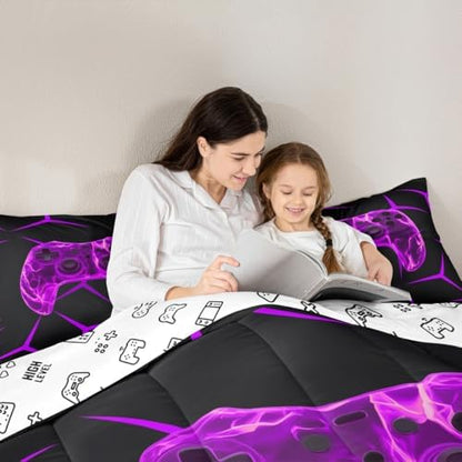 Castle Fairy Gamer 3 Pcs Queen Size Comforter Set,Gamepad Game Controller Down Alternative Adults Bedroom Decor,Gaming Honeycomb Purple Ultra Soft Microfiber Inner Fill 3Pcs Bedding