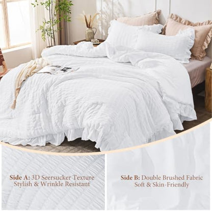 JOLLYVOGUE Bright White Full Comforter Set,3pcs Seersucker Comforters Full
