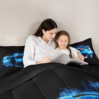 Erosebridal Teal Race Car Comforter Set Toddler Size for Boys Kids,Navy Blue Fire Racing Cars Bedding for Teens Children,Cool Speed Race Sports Car Comforter,Royal Blue Cama De Carro para Niños