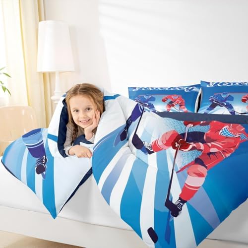Homewish Ice Hockey Full Size Comforter Set,Sports Gaming Bedding Set for Adults Teens,Children Hockey Sport Player Comforter Luxury Blue and Red Quilt Set Room Decor 3Pcs