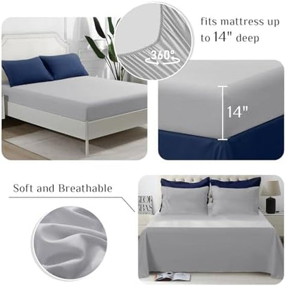 JOLLYVOGUE Oversized King Comforter Set, Ultra-Soft Bed in a Bag 7 Pieces, Oeko-TEX Certified Bedding Set with Down Alternative Comforter, Sheets, Pillowcases & Shams, Navy Blue & Light Grey
