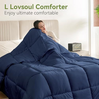 L LOVSOUL Queen Comforter, Brushed Microfiber, Down Alternative, 90x90Inches, Dark Blue