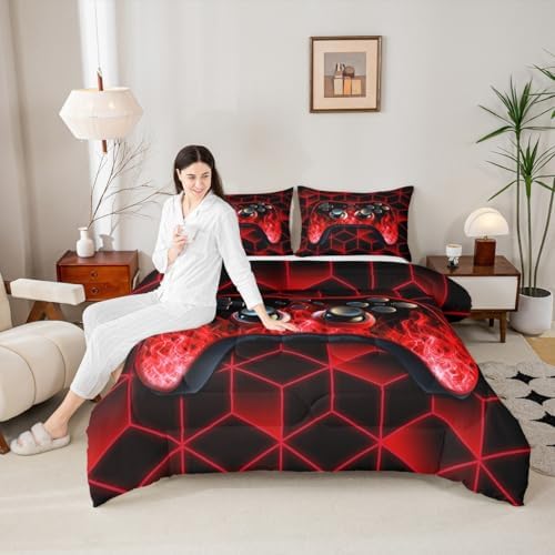 Red Neon Geometric 3D Geometric Comforter Set - Flame Gaming Console Gamer Decor for Boys Bedroom