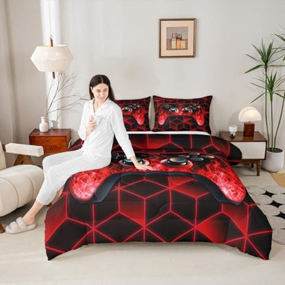 Red Neon Geometric 3D Geometric Comforter Set - Flame Gaming Console Gamer Decor for Boys Bedroom