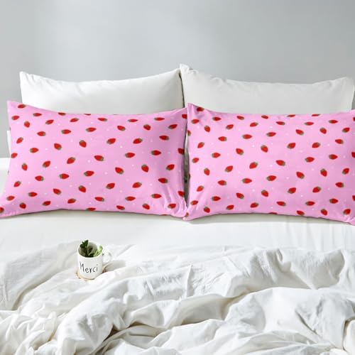 Kawaii Strawberry Bedding Set, Strawberry Comforter Cover Set Pink Strawberry Decor Duvet Cover, for Girls Women Kawaii Room Decor, Soft Reversible Cute Strawberry Quilt Cover with 2 Pillowcases, King