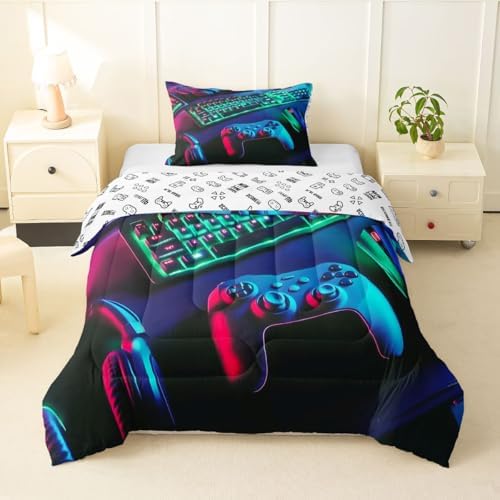 Feelyou Gamer Comforter Set All Season Gaming Bedding Set with 1 Pillow Cases Game Room Decor Microfiber Kids Toddler Bedclothes Gamepad Bedroom Decor Green Duvet Quilt Breathable Soft Lightweight