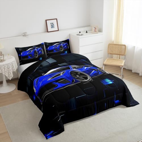 Erosebridal Race Car Twin Comforter Set for Boys Blue Sports Car Kids Bedding Set Cool Speed Race Car Down Comforter Extreme Sports Racing Competition Quilt 3D Geometric Duvet Insert