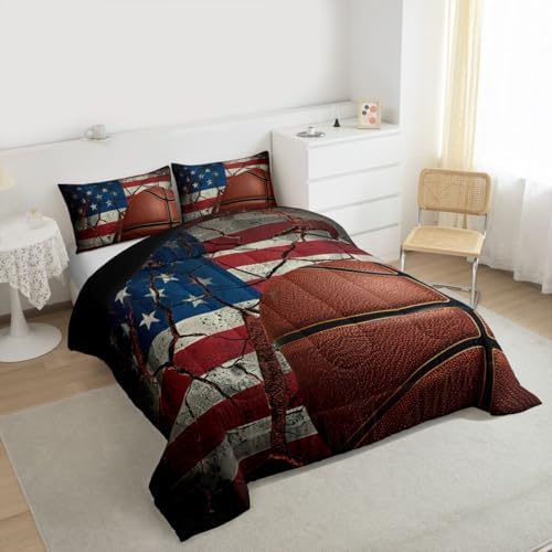 Erosebridal American Flag Comforter Set for Boys, Basketball Duvet Sets Queen Size, Retro Sports Games Bedding Set United States Federations Stars Stripes Duvet Insert for Teens Kids Adult Bedroom