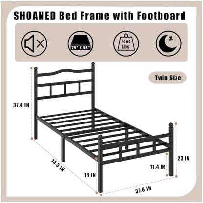 SHOANED 14 Inch Metal Bed Frame - Twin Size Heavy Duty Bedframe with Headboard & Footboard Black Basic Steel Slats Platform No Box Spring Needed/Easy Assembly/Noise Free