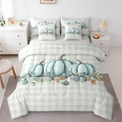 Erosebridal Fall Pumpkins 7 Piece Bedding Set Twin Thanksgiving Day Comforter Set with Sheets Polka Dots Bed in a Bag Autum Leaves Nature Bed Sets Comforter