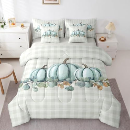 Erosebridal Fall Pumpkins 7 Piece Bedding Set Twin Thanksgiving Day Comforter Set with Sheets Polka Dots Bed in a Bag Autum Leaves Nature Bed Sets Comforter