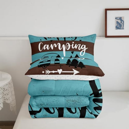 Manfei Happy Camping RV Kids Comforter Set King Size,Pine Wooden Cabin Rustic Farmhouse Bedding Set,Girls Boys Room Decor,Adventure Camper Quilt Comforter,Blue Country Duvet Insert,2 Pillowcases