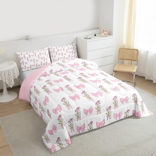 Castle Fairy Pink Bowknot Comforter Set Toddler Size,Vintage Farmhouse Pink Floral Bedding Set,Kids Teens Adult Room Decor,Dreamy Girly Style Down Comforter,2 Pcs 1 Pillowcase