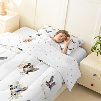 Feelyou Mallard Duck Comforter Set Twin Size Duck Hunt Bedding Set for Kids Boys Girls Wild Duck Hunting Duvet Quilt Wild Animal Bedroom Decor Microfiber 2 Pcs with 1 Pillow Cases