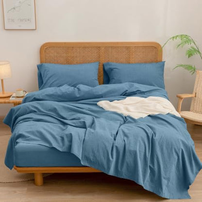BESTOUCH Sheet Set 100% Washed Cotton Linen Feel Super Soft Comfortable Chic Lightweight 4 Pcs Home Bedding Set Solid Dark Blue Queen