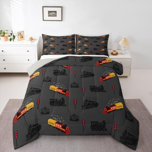 Feelyou Vintage Retro Train Comforter Set King Size Steam Locomotive Down Bedding Set for Kids Boys Girls Transportation Vehicles Duvet Quilt Bedroom Decor Microfiber 3 Pcs with 2 Pillow Cases
