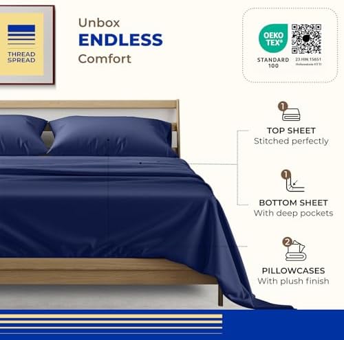 THREAD SPREAD California King Bed Sheets, Luxury 1000 Series Paradise Collection 100% Egyptian Cotton Cal King Sheets Set (4 PC, Navy Blue), Silky Soft, Cooling, 16" Deep Pocket Hotel Sheet Set
