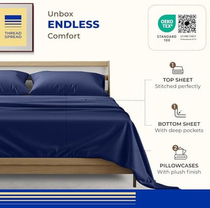 THREAD SPREAD Egyptian Cotton Sheets Queen Size - 1000 Series High Thread Count Cotton Queen Sheet Set (4 PC, Navy Blue), 16" Snug Fit Deep Pocket, Cooling, Sateen Weave Ultra-Soft Hotel Luxury Sheets