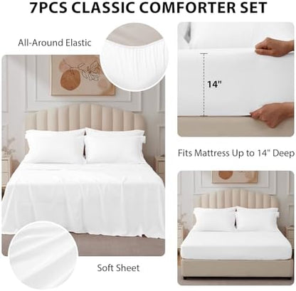 Full Size Comforter Sets White, 7 Pieces Bed in a Bag Bedding Set