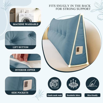 DANGHOOGY Headboard Pillow Queen, Large Triangular Wedge Headboard Pillow for Reading and Resting, Backrest Positioning Support Pillow with Removable Cover (Light Blue)